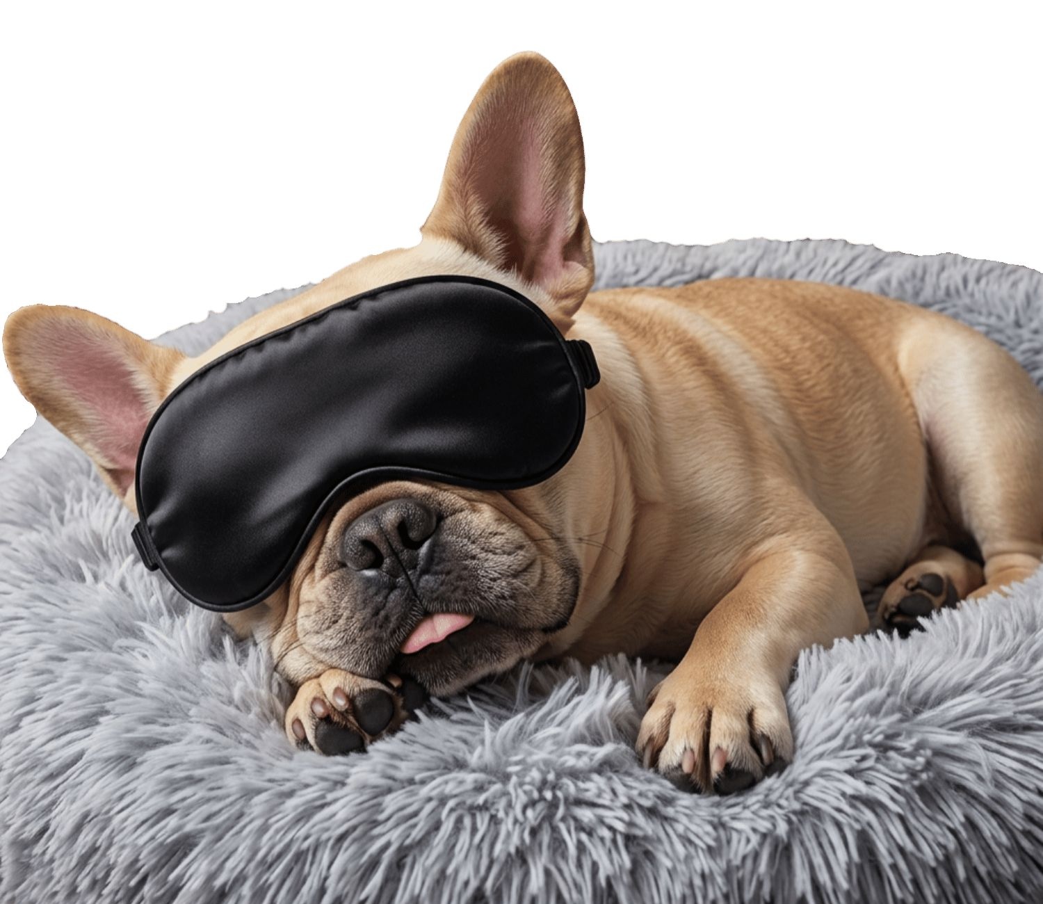 Fifi the French Bulldog napping in a sleep mask on her fluffy gray bed