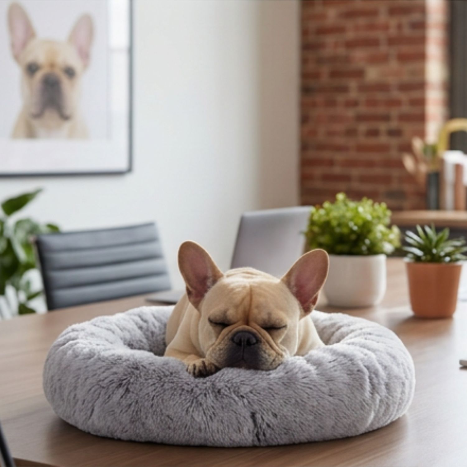 Fifi asleep in her bed on the office desk