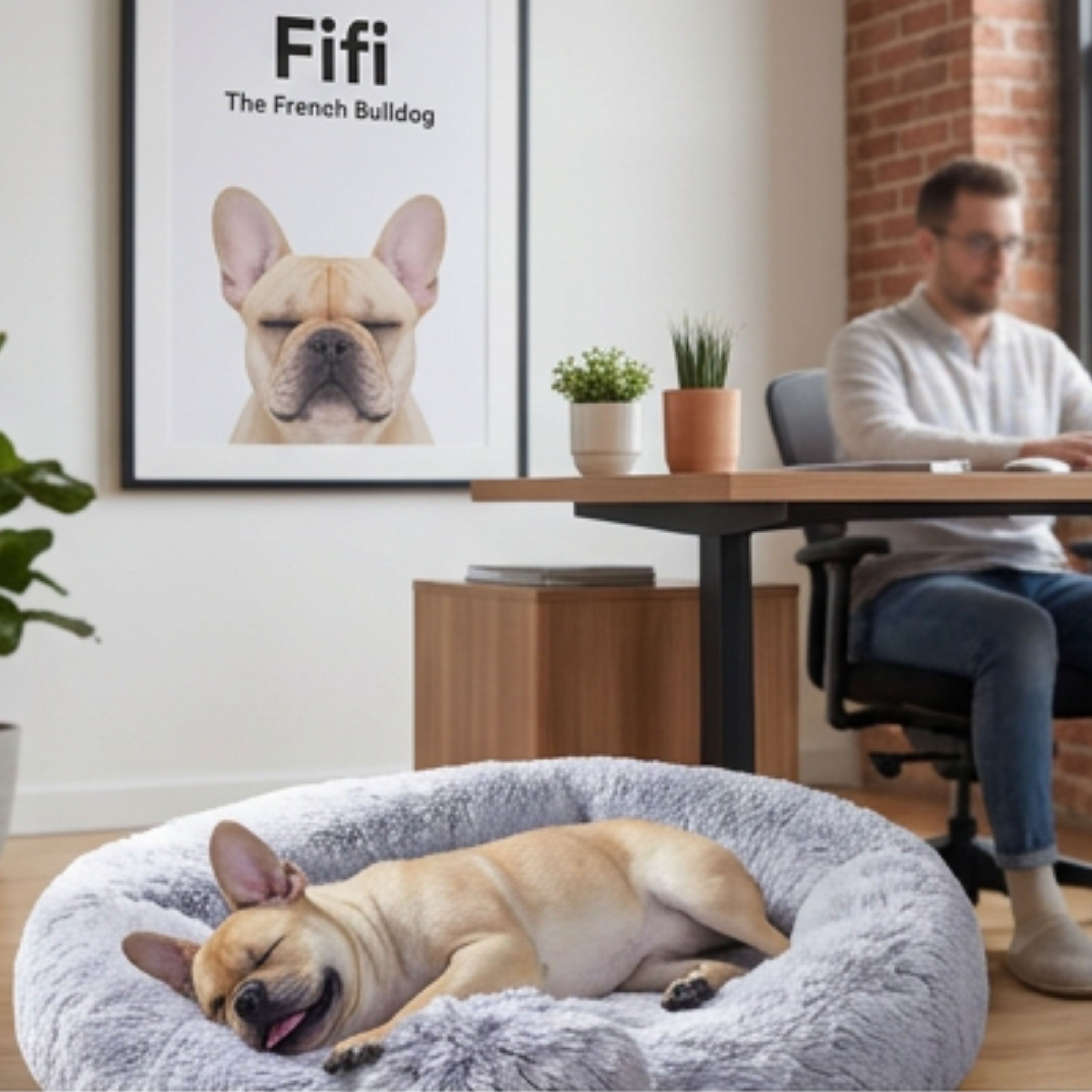 Fifi snoozing in front of her own portrait at Garden Edge Company HQ